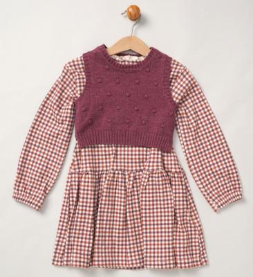 Willow & Whistle E08308 9-12=5056623273203,12-18=5056623273210,18-24=5056623273437 WWE08308-A Check dress and  knitted vest(9-24 months)