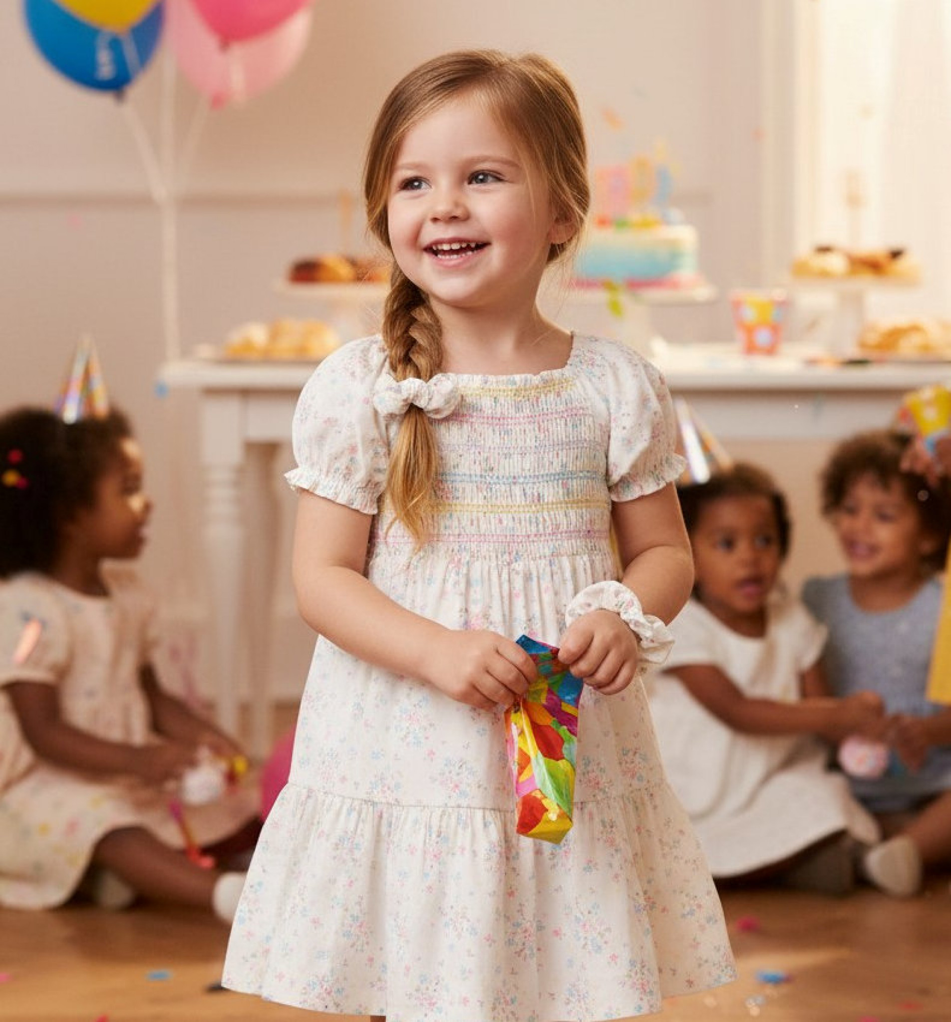 Willow & Whistle H14290 TOD * WWH14290W Floral Shirred Dress and Scrunchie (2-4 years)