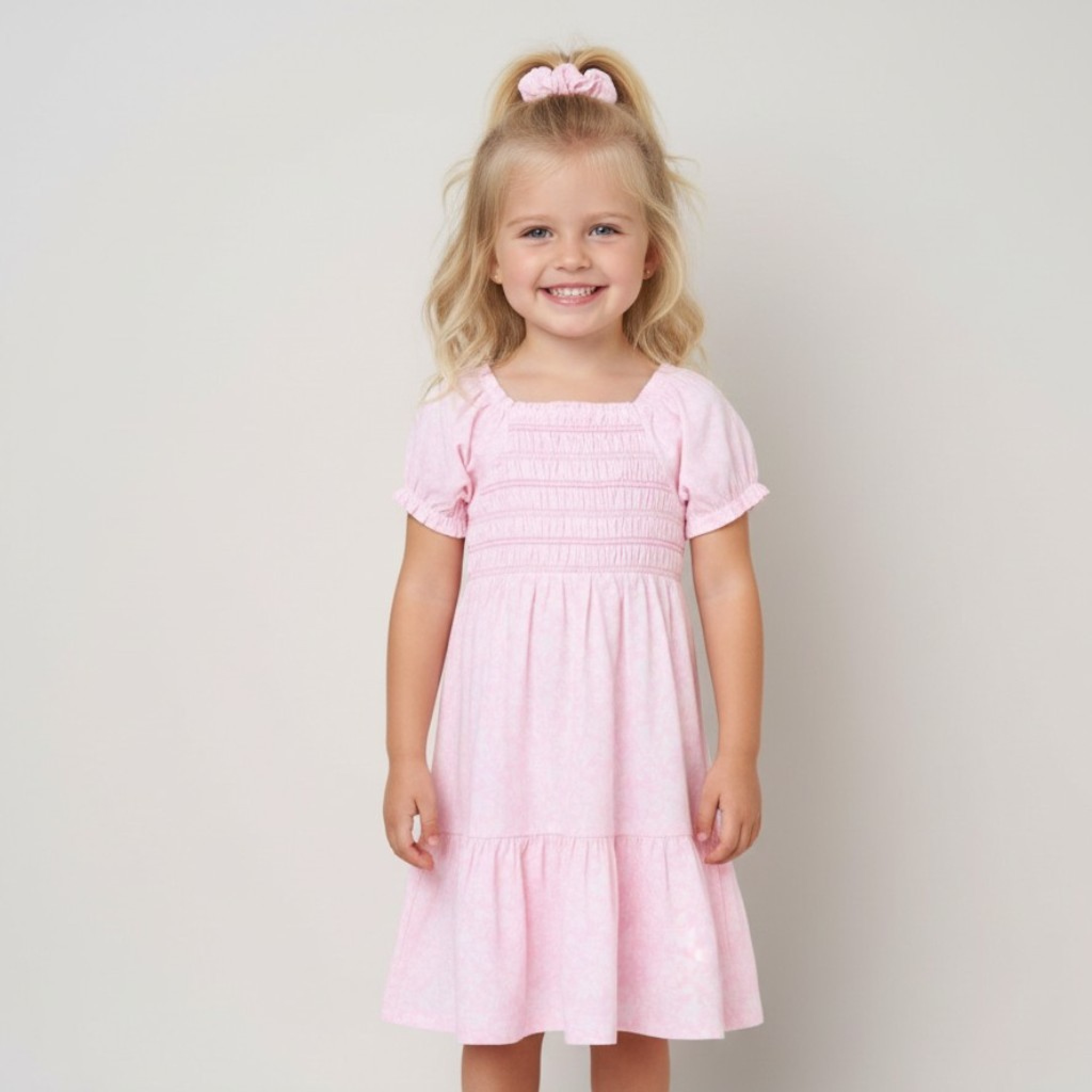 Willow & Whistle H14291  TOD * WWH14291P Floral Shirred Dress and Scrunchie (2-4 years)