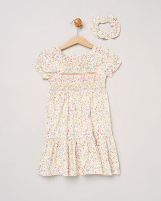 Willow & Whistle H14292 TOD * WWH14292 Floral Shirred Dress and scrunchie(2-4 years)