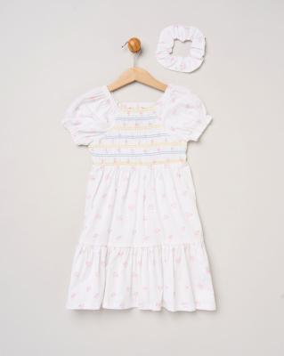 Willow & Whistle H14293 TOD * WWH14293 Floral Shirred Dress and scrunchie(2-4 years)