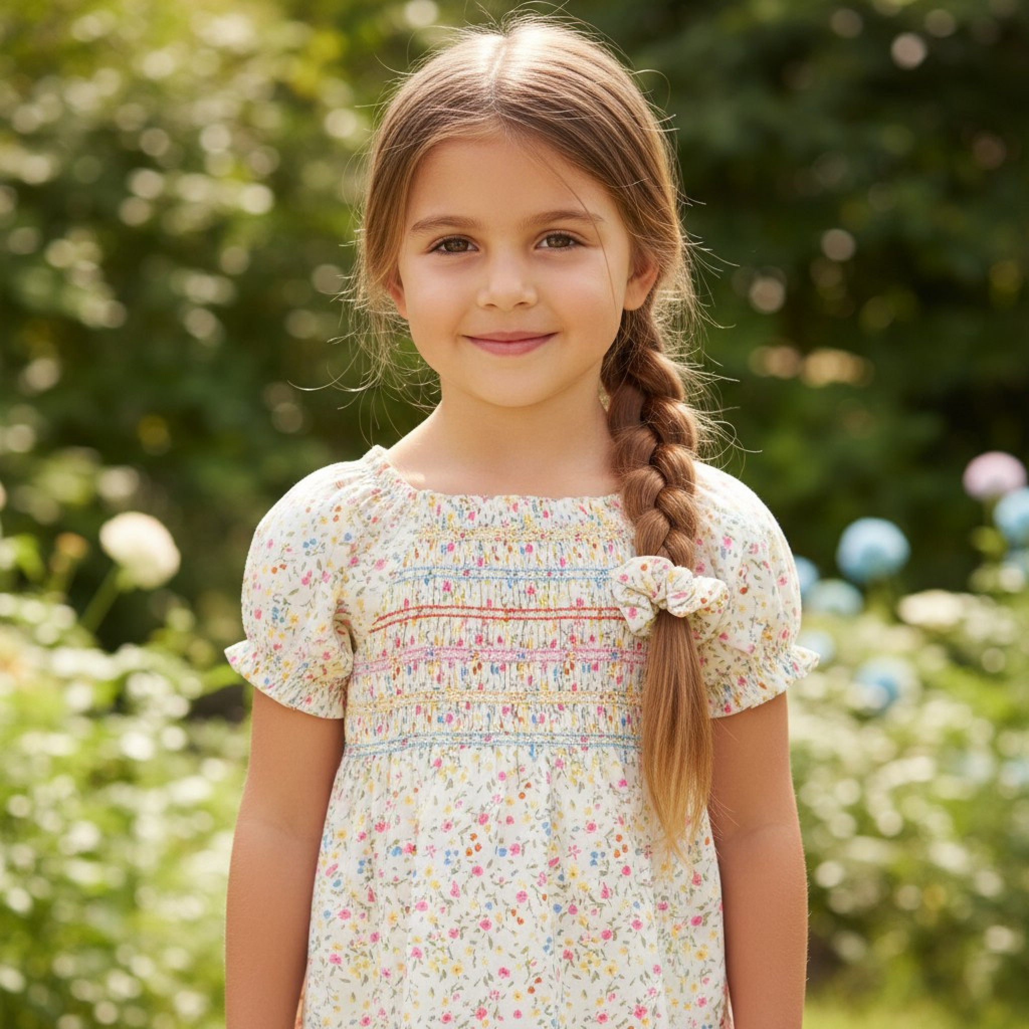 Willow & Whistle H14292 TOD * WWH14292A Floral Shirred Dress and Scrunchie (2-4 years)