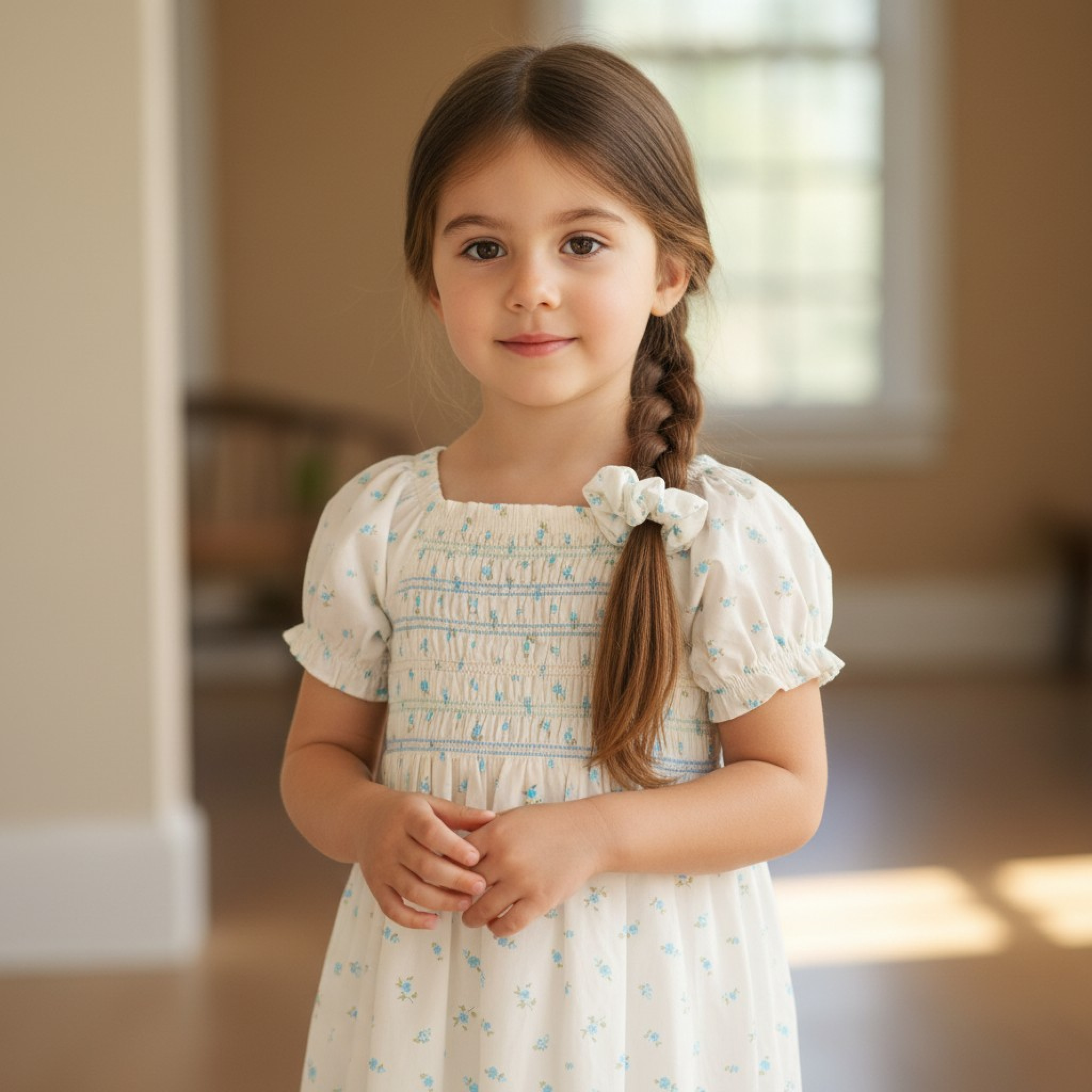 Willow & Whistle H14294  TOD * WWH14294W Floral Shirred Dress and Scrunchie (2-4 years)