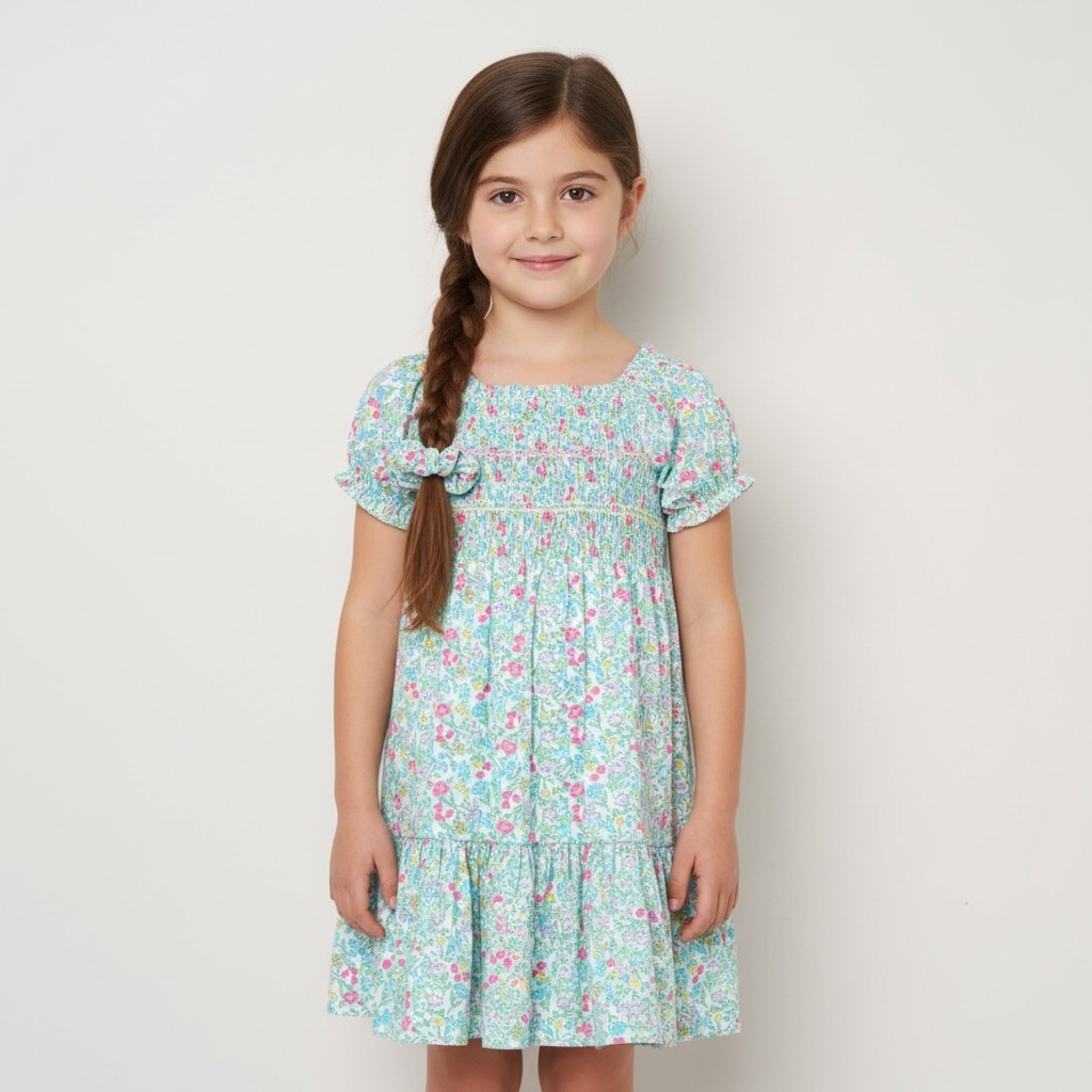 Willow & Whistle H14293 TOD * WWH14300A Floral Shirred Dress and Scrunchie (2-4 years)