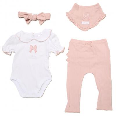 Willow & Whistle  * WWH14330-P Frilled rear Ribbed Four Piece Outfit (0-9 months)
